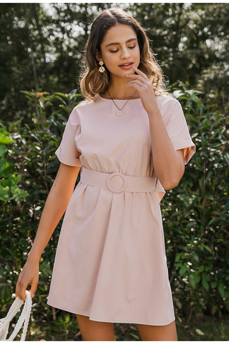 A-line skirt short sleeve belt short dress