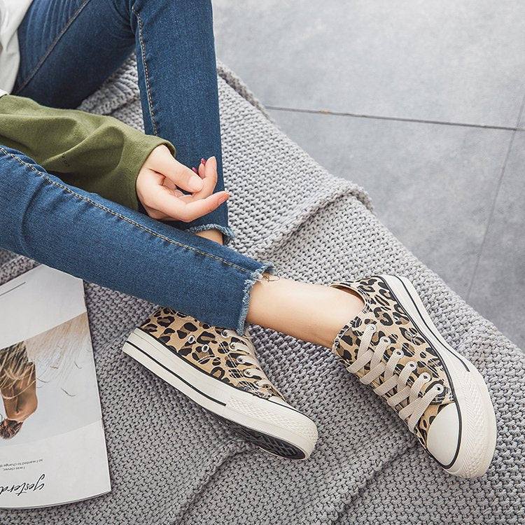 Women’s Lace Up Leopard Print Canvas Sneakers - Wazzi's Wear