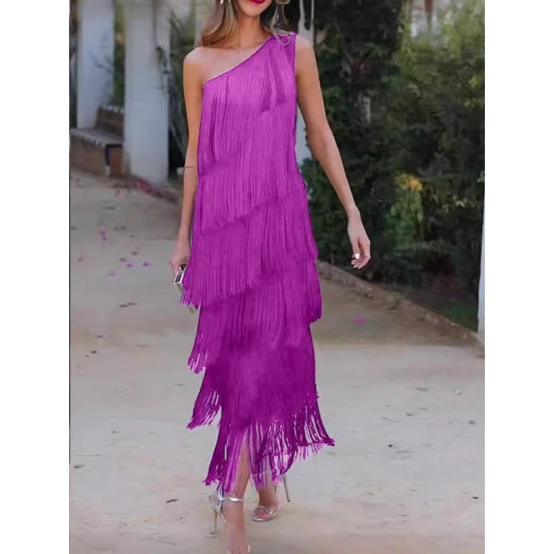 Women’s Solid Color Dress with Diagonal Collar & Multi-layer Tassel Stitching Design