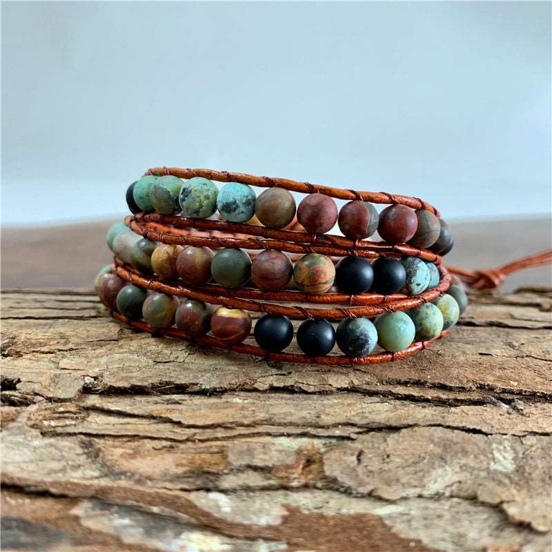 Bohemian Multi-Layer Leather Bracelet with Agate Gemstones - Wazzi's Wear