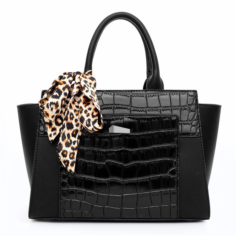Women’s Crocodile Pattern Hand Shoulder Bag with Tied Leopard Silk Scarf in 9 Colors - Wazzi's Wear