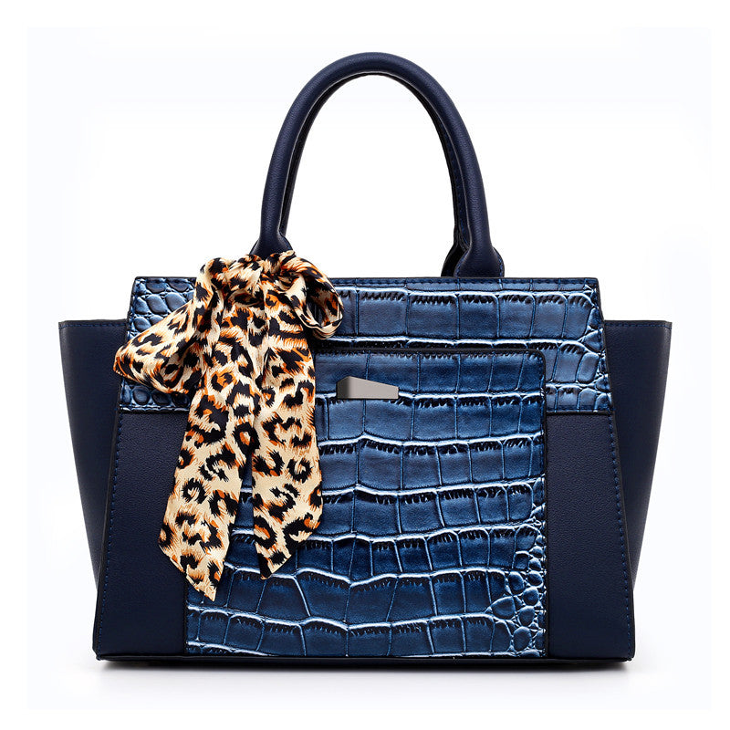 Women’s Crocodile Pattern Hand Shoulder Bag with Tied Leopard Silk Scarf in 9 Colors - Wazzi's Wear