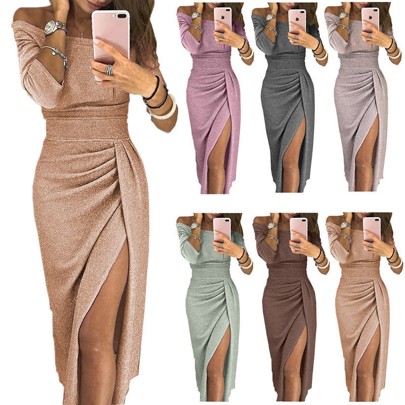 Women’s Off-the-Shoulder Glitter Dress with Empire Waist and Three-Quarter  Sleeves in 11 Colors S-8XL - Wazzi's Wear