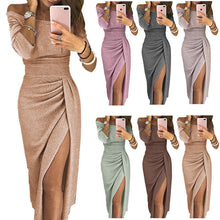 Load image into Gallery viewer, Women’s Off-the-Shoulder Glitter Dress with Empire Waist and Three-Quarter  Sleeves in 11 Colors S-8XL - Wazzi&#39;s Wear