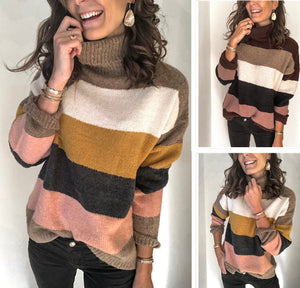 Women’s Wool Long Sleeve Striped Turtleneck Sweater in 2 Colors S-2XL - Wazzi's Wear