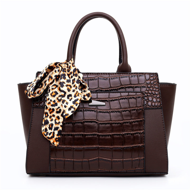 Women’s Crocodile Pattern Hand Shoulder Bag with Tied Leopard Silk Scarf in 9 Colors - Wazzi's Wear