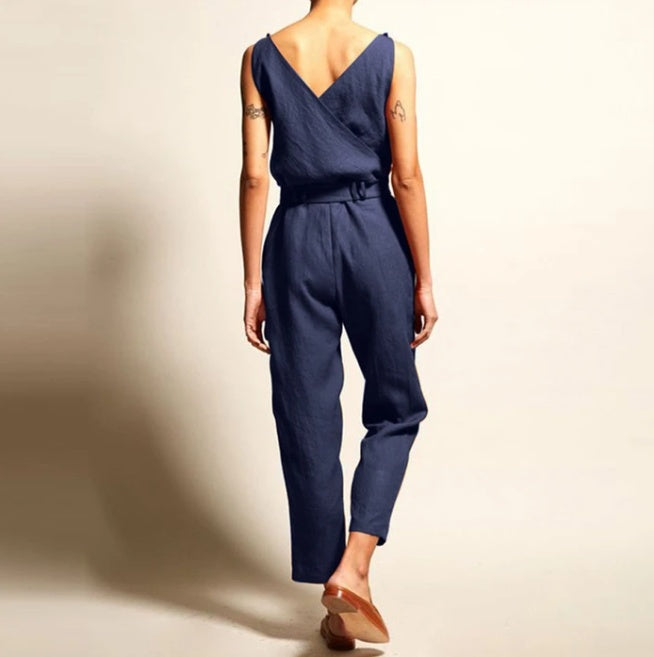 Women’s V-Neck Sleeveless Cropped Jumpsuit with Pockets