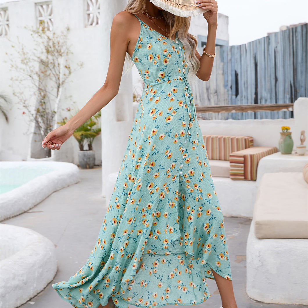 Women’s Sleeveless Floral Dress with Spaghetti Straps and Asymmetric Hem - Wazzi's Wear