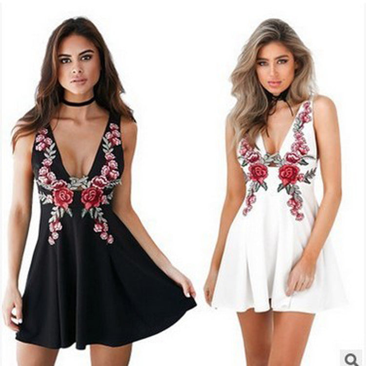 Vintage Embroidered Sexy Deep V Dress