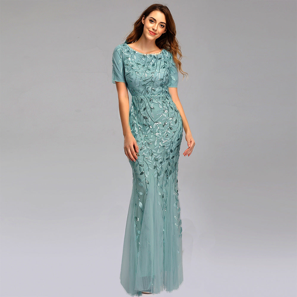 Women’s Elegant Short Sleeve Evening Gown with Chiffon and Lace Overlay