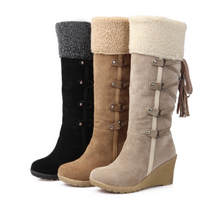 Load image into Gallery viewer, Women’s Suede Knee High Plush Snow Boots with Wedge Heels in 3 Colors - Wazzi&#39;s Wear