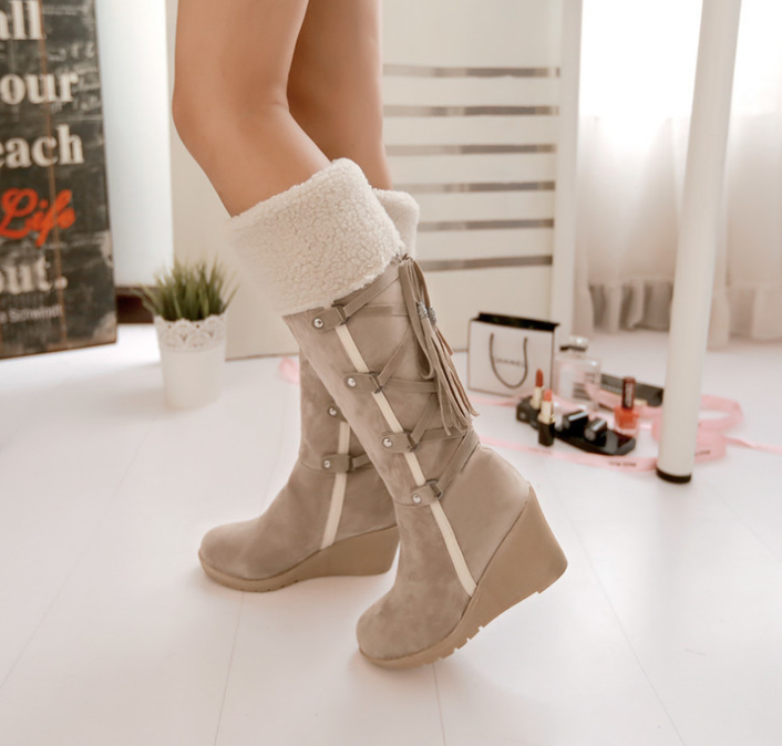 Women’s Suede Knee High Plush Snow Boots with Wedge Heels in 3 Colors - Wazzi's Wear