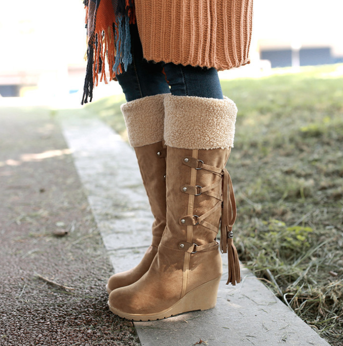 Women’s Suede Knee Length Boots with Wedge Heel