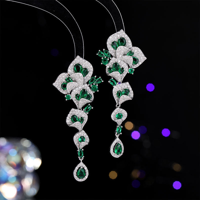1 Pair Gorgeous Long Dangle Flower Earrings, Cubic Zirconia Earrings For Women, Fashion Party Prom Dress Jewelry, Birthday Holiday Gift