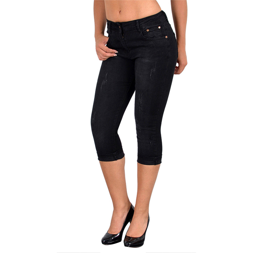 Capris de mezclilla desgastados de corte ajustado para mujer