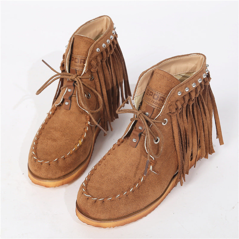 Women’s Suede Lace-Up Moccasins with Fringe and Thick Sole in 3 Colors - Wazzi's Wear