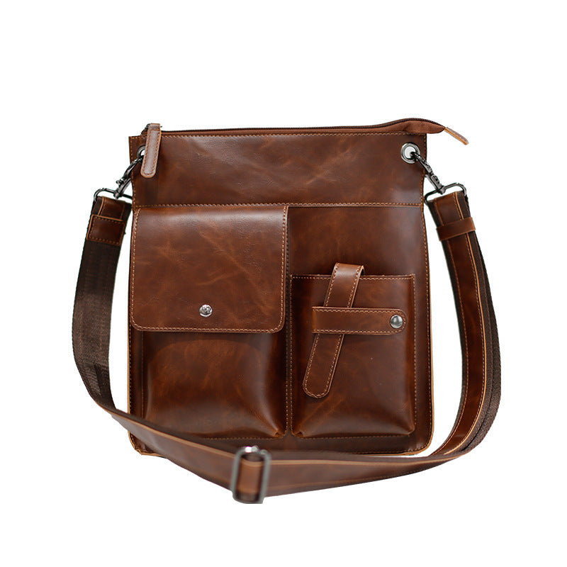 Men’s Brown PU Leather Shoulder Messenger Bag with Zipper - Wazzi's Wear