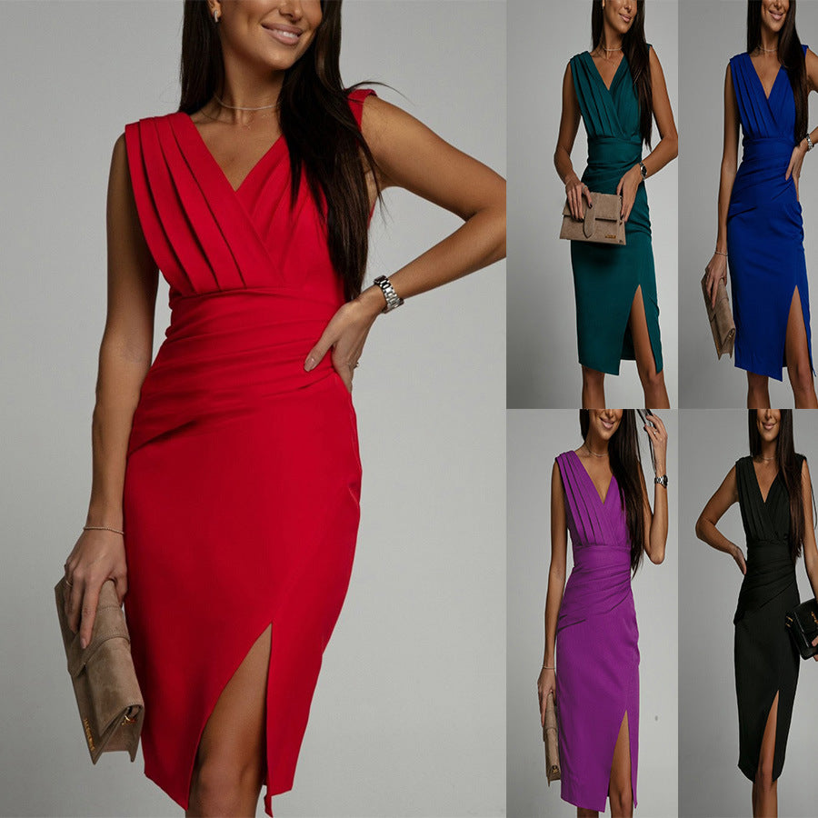 Women’s V-Neck Sleeveless High Waist Dress with Side Split in 5 Colors S-3XL - Wazzi's Wear