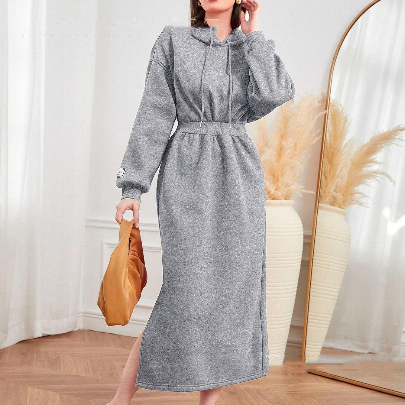 Women's Slit Drawstring Mid-length Sweater Dress