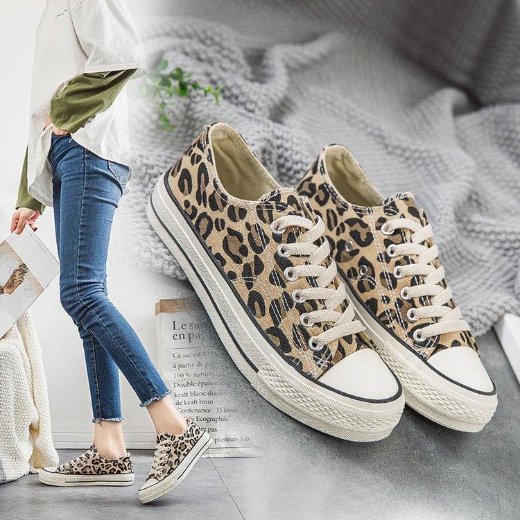 Women’s Lace Up Leopard Print Canvas Sneakers - Wazzi's Wear