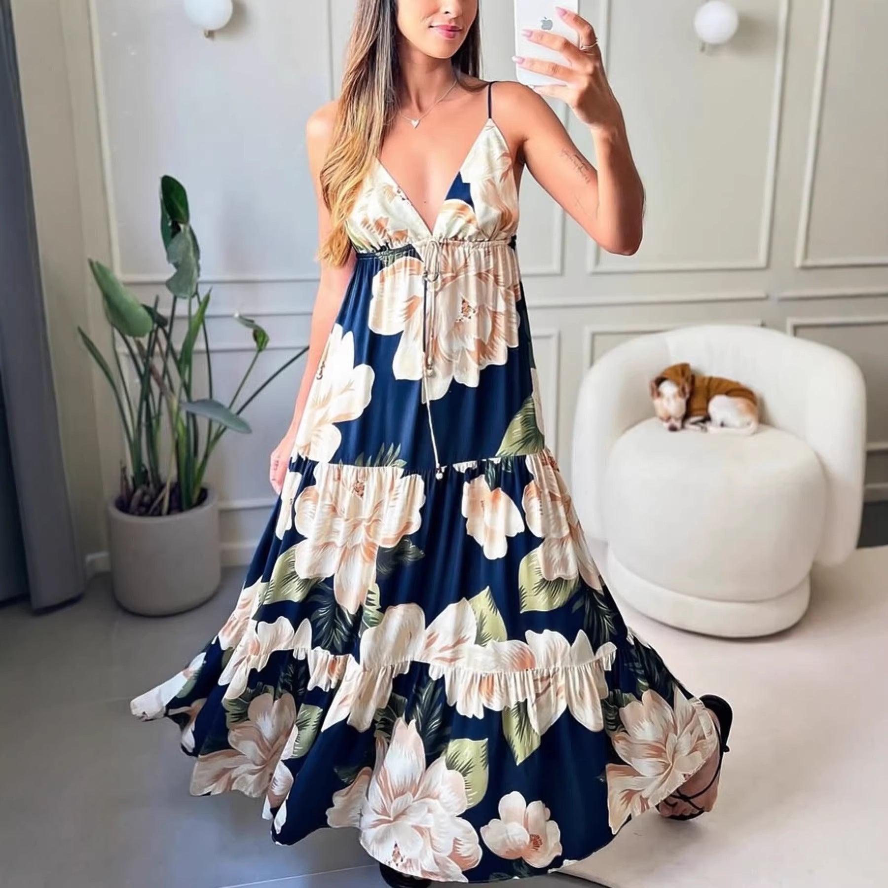 Strapless Waist-cinching Maxi Dress With A Flared Skirt And Floral Print