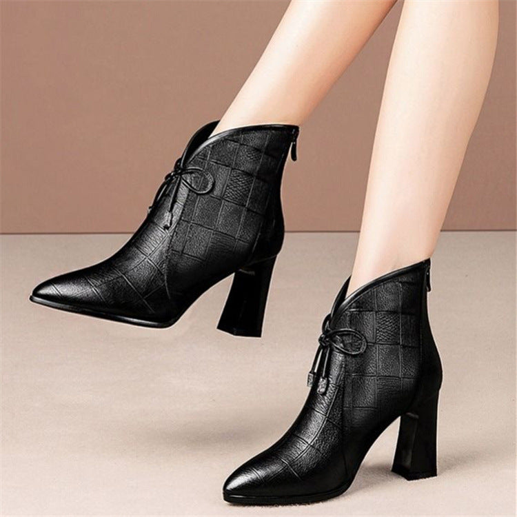 Women's Black Chunky High Heel Boots with Pointed Toe and Bow - Wazzi's Wear