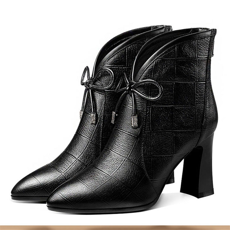 Women's Black Chunky High Heel Boots with Pointed Toe and Bow - Wazzi's Wear