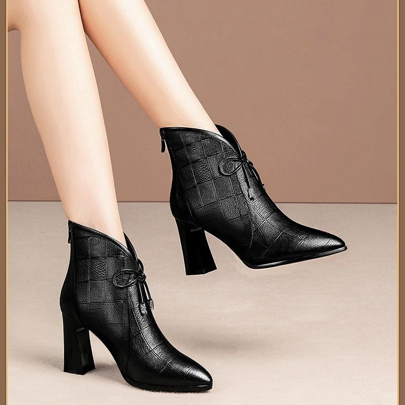 Women's Black Chunky High Heel Boots with Pointed Toe and Bow - Wazzi's Wear