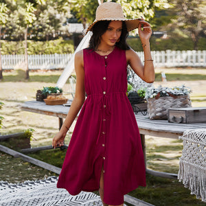 Women’s Sleeveless Button Midi Dress with Drawstring in 5 Colors S-XL - Wazzi's Wear