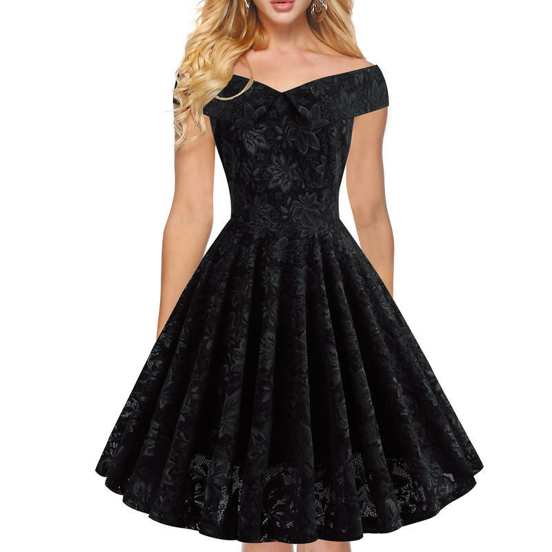 Women’s Off-the-Shoulder Lace Midi Dress with Full Flared Skirt in 3 Colors S-XXL - Wazzi's Wear