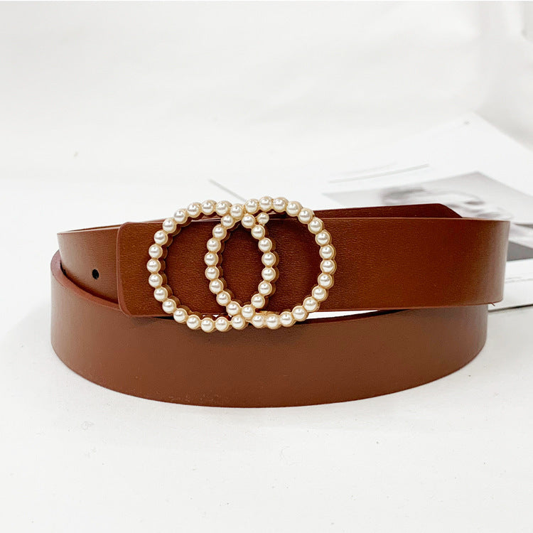 Women’s  PU Leather 3’5” Belt with Inlaid Pearl Buckle in 6 Colors - Wazzi's Wear