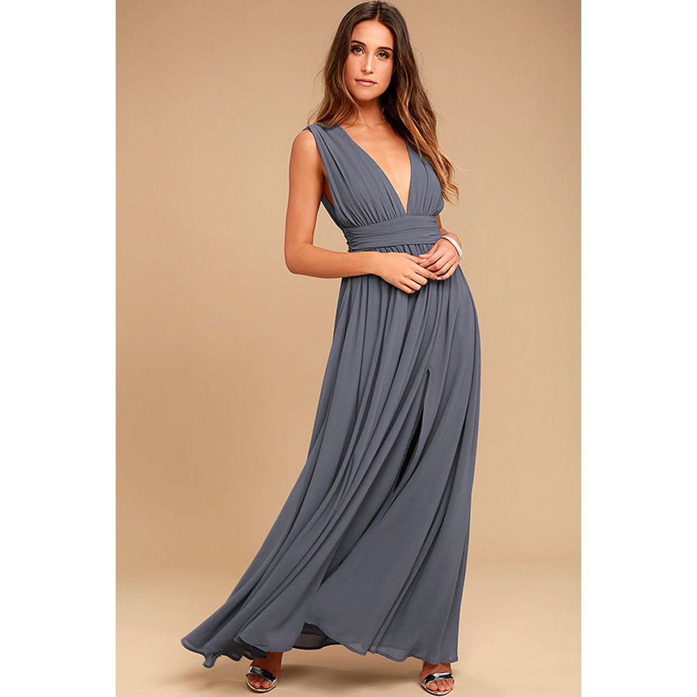 Women's V-Neck Sleeveless Chiffon Gown with Side Slit in 8 Colors XS-2XL - Wazzi's Wear