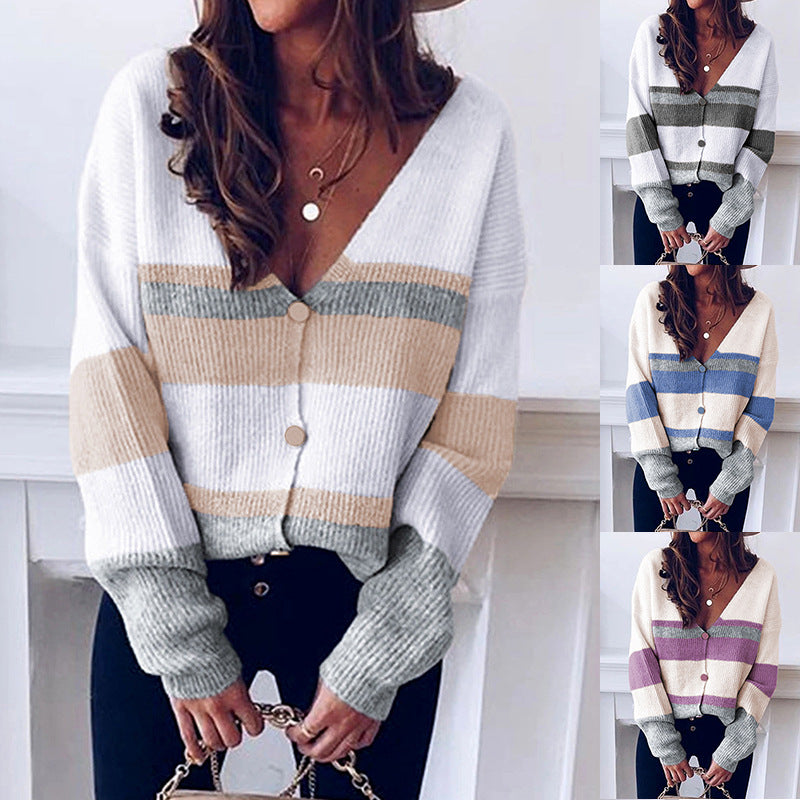 Women’s Striped Button V-Neck Sweater Cardigan in 4 Colors S-XL - Wazzi's Wear