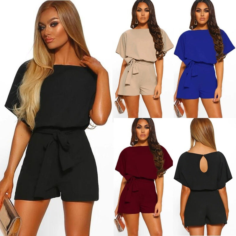 Women’s Solid Color Short Sleeve Romper with Waist Tie in 4 Colors S-5XL - Wazzi's Wear