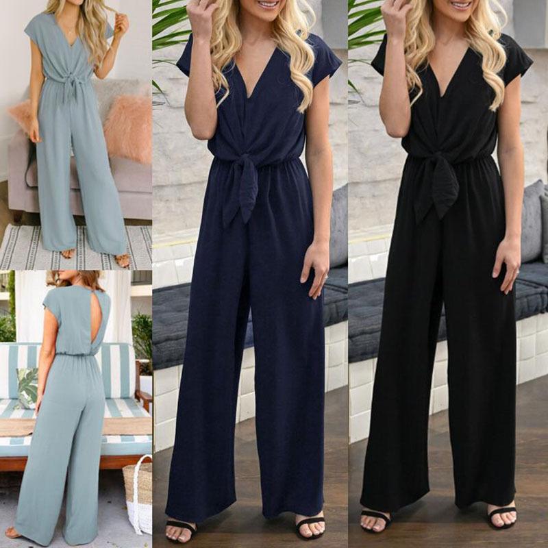 Women’s V-Neck Sleeveless Jumpsuit With Waist Tie in 3 Colors S-XL - Wazzi's Wear