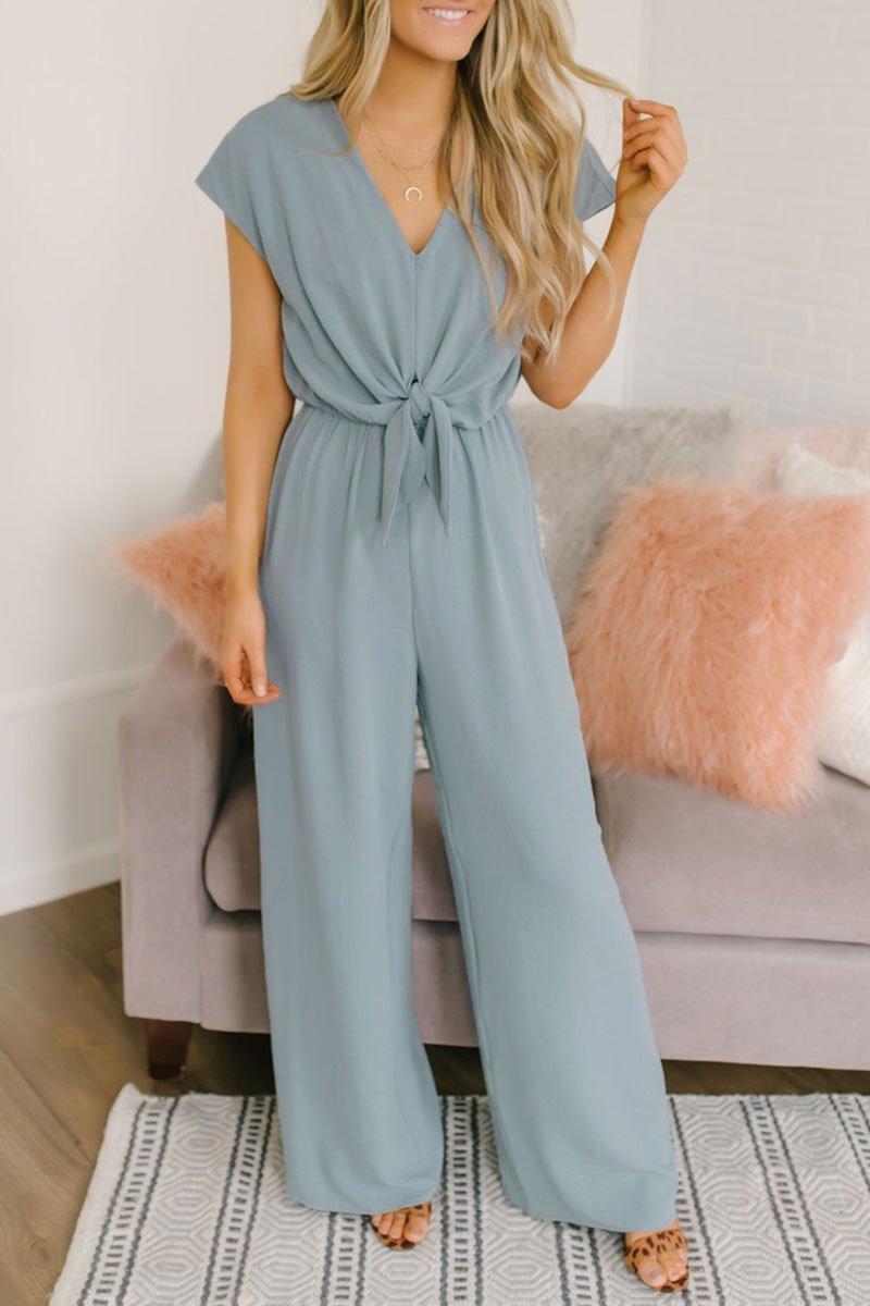 Women’s V-Neck Sleeveless Jumpsuit With Waist Tie in 3 Colors S-XL - Wazzi's Wear