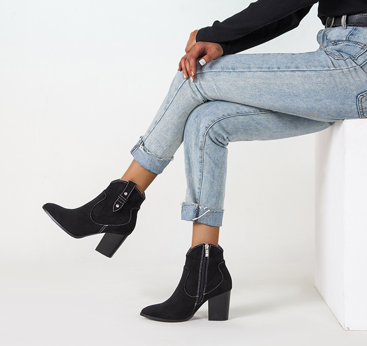 Women’s Black Suede Martin Boots with Chunky Heel and Side Zipper - Wazzi's Wear