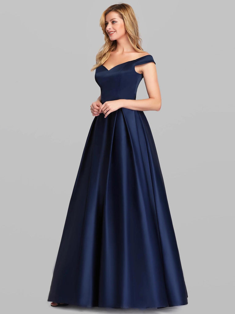 Women’s V-Neck Off-the-Shoulder Satin Gown with High Waist in 2 Colors M-XXXL - Wazzi's Wear
