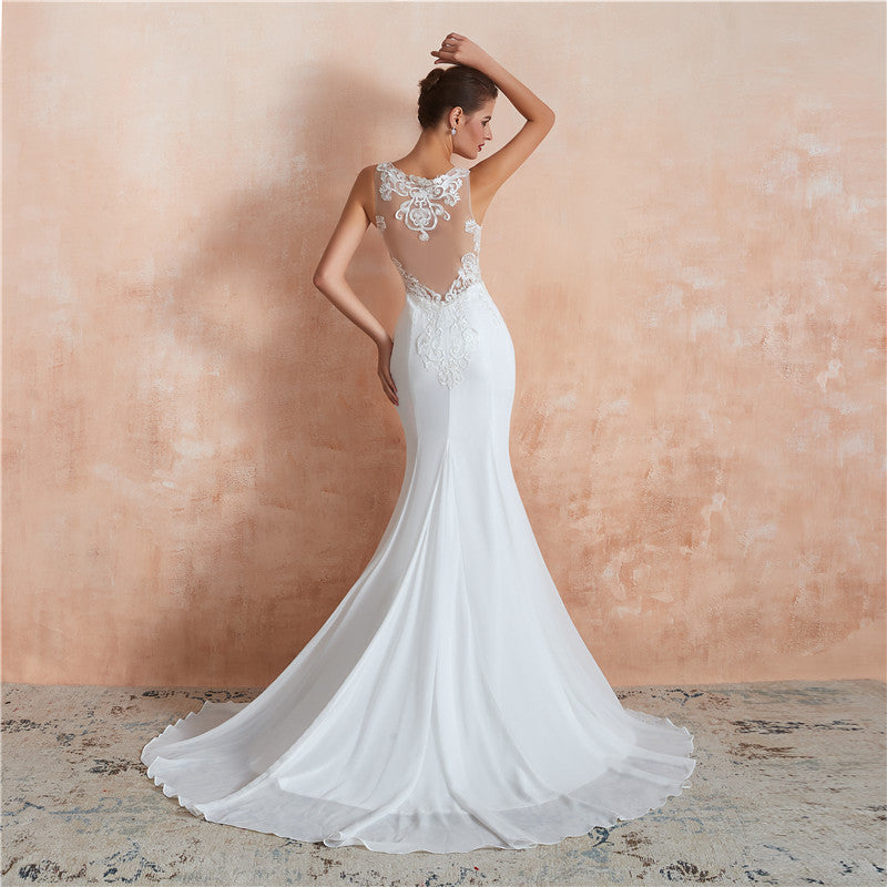 Women’s White Sleeveless Lace Bodice Wedding Dress with Train Sizes 2-16 - Wazzi's Wear