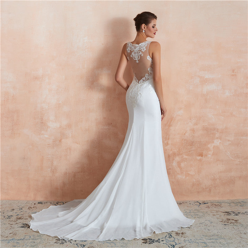 Women’s White Sleeveless Lace Bodice Wedding Dress with Train Sizes 2-16 - Wazzi's Wear