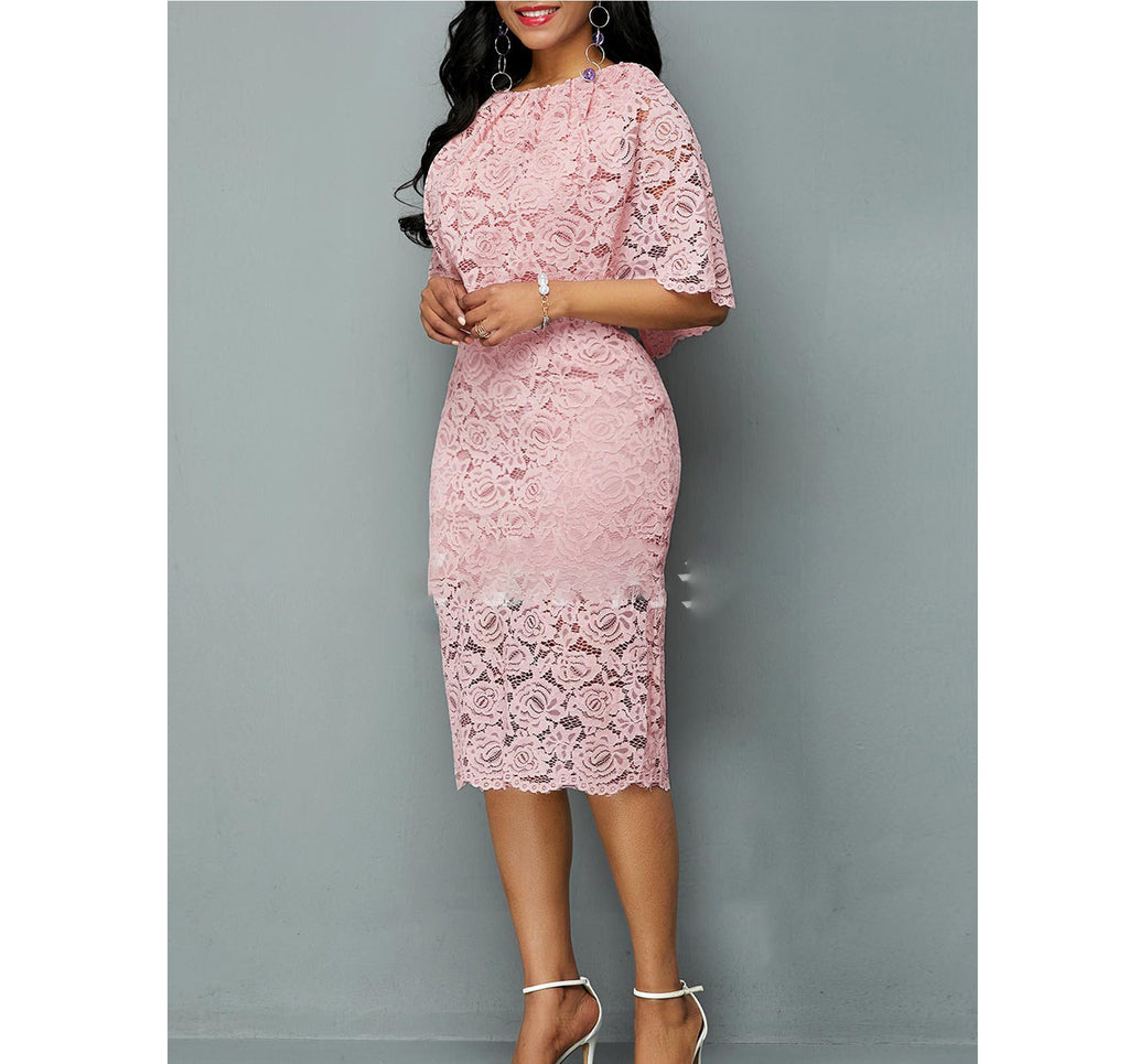 Women’s Pink Lace Midi Dress with Cloak S-5XL - Wazzi's Wear