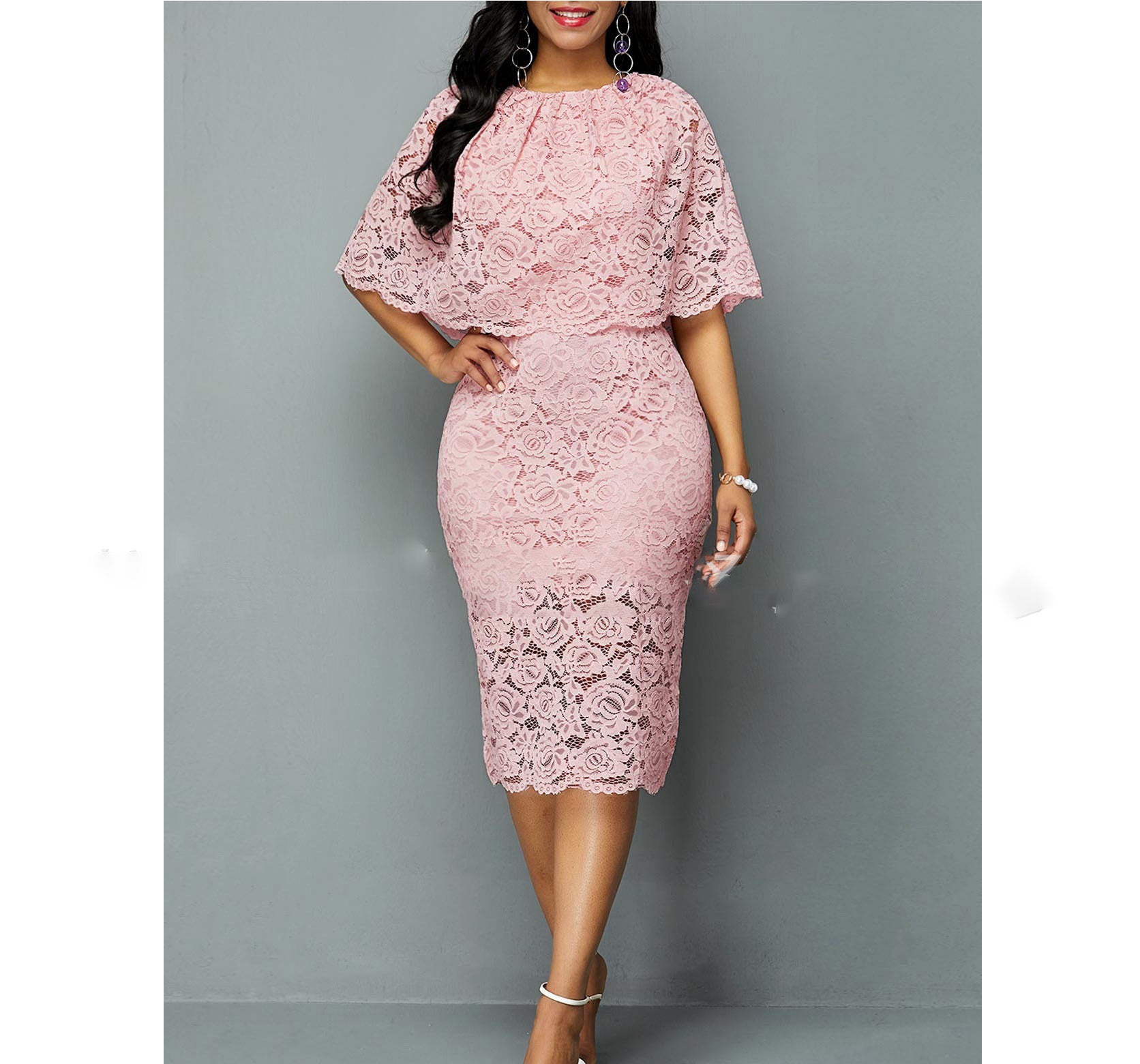 Women’s Pink Lace Midi Dress with Cloak S-5XL - Wazzi's Wear