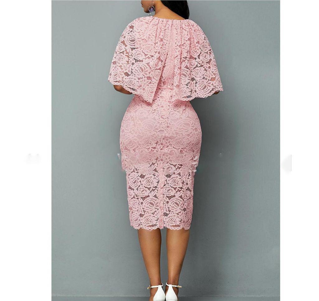 Women’s Pink Lace Midi Dress with Cloak S-5XL - Wazzi's Wear