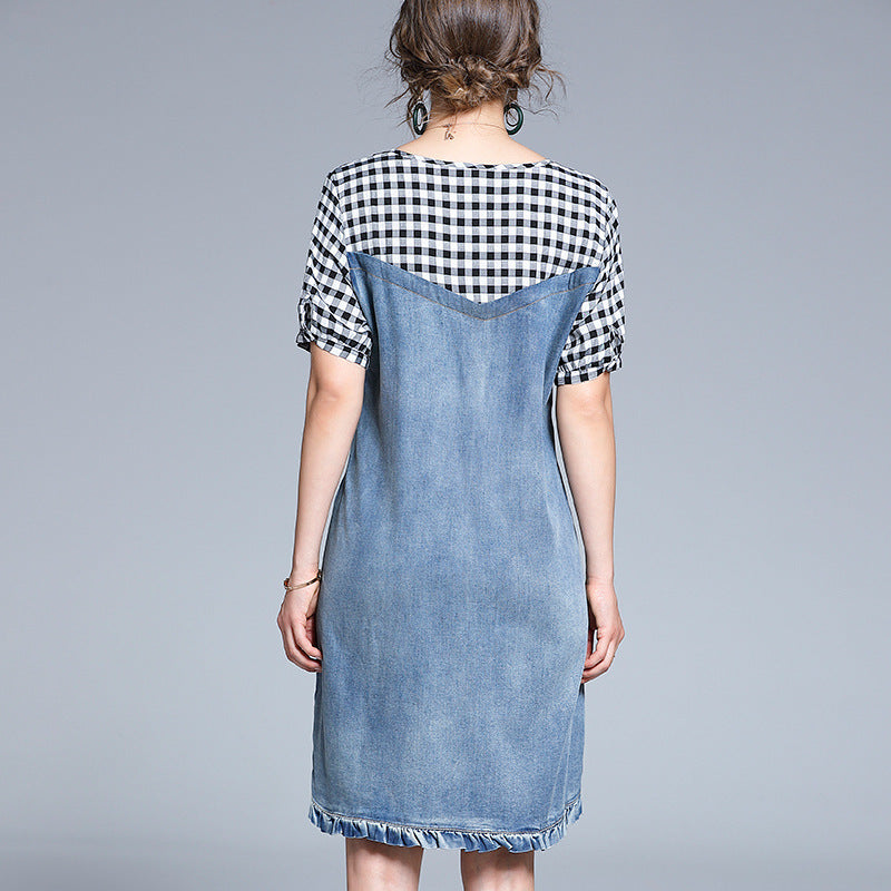 European Station Short-Sleeved Dress Women Summer New Fashion V-Neck Tide Brand All-Match Plaid Stitching Denim Skirt