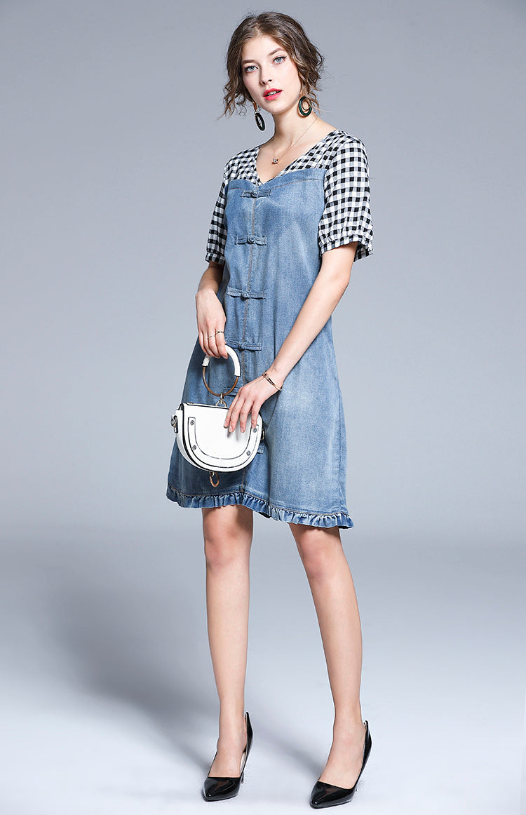 European Station Short-Sleeved Dress Women Summer New Fashion V-Neck Tide Brand All-Match Plaid Stitching Denim Skirt