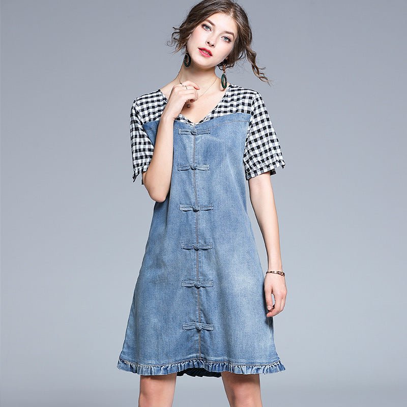 European Station Short-Sleeved Dress Women Summer New Fashion V-Neck Tide Brand All-Match Plaid Stitching Denim Skirt