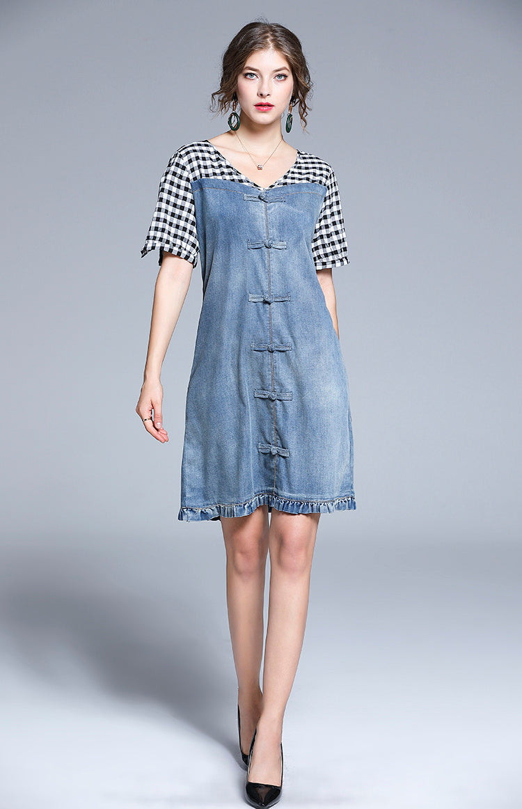European Station Short-Sleeved Dress Women Summer New Fashion V-Neck Tide Brand All-Match Plaid Stitching Denim Skirt