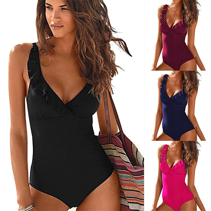 Women’s One-Piece V-Neck Ruffled Swimsuit in 4 Colors S-2XL - Wazzi's Wear