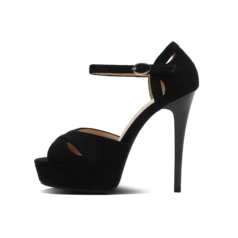 Women’s Black Suede Stiletto High Heel Shoes with Open Toe - Wazzi's Wear