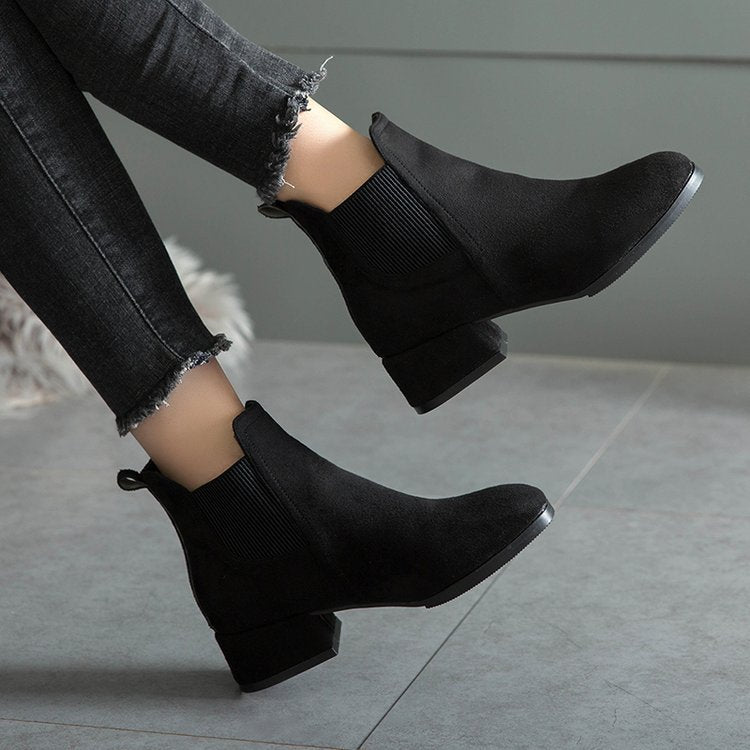 Women’s Suede Thick Short Heel Ankle Boots in 2 Colors - Wazzi's Wear